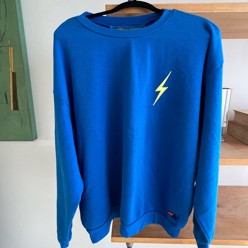 Aviator Nation Ocean Blue Crewneck with Yellow Neon Lightning Bolt- NWT